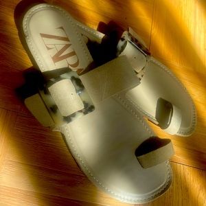 Zara Flat Leather Sandals w/  Tortoiseshell Buckle